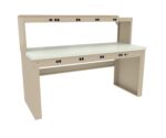 A beige workbench with a white tabletop and a back panel featuring multiple power outlets and USB ports. The lower section has additional outlets. The frame is sturdy, providing ample workspace for various tasks.
