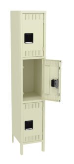 A beige metal locker with three compartments. The middle compartments door is open, showing an empty interior. Each compartment has a black handle and vent slats near the edges. The locker stands on four short legs.