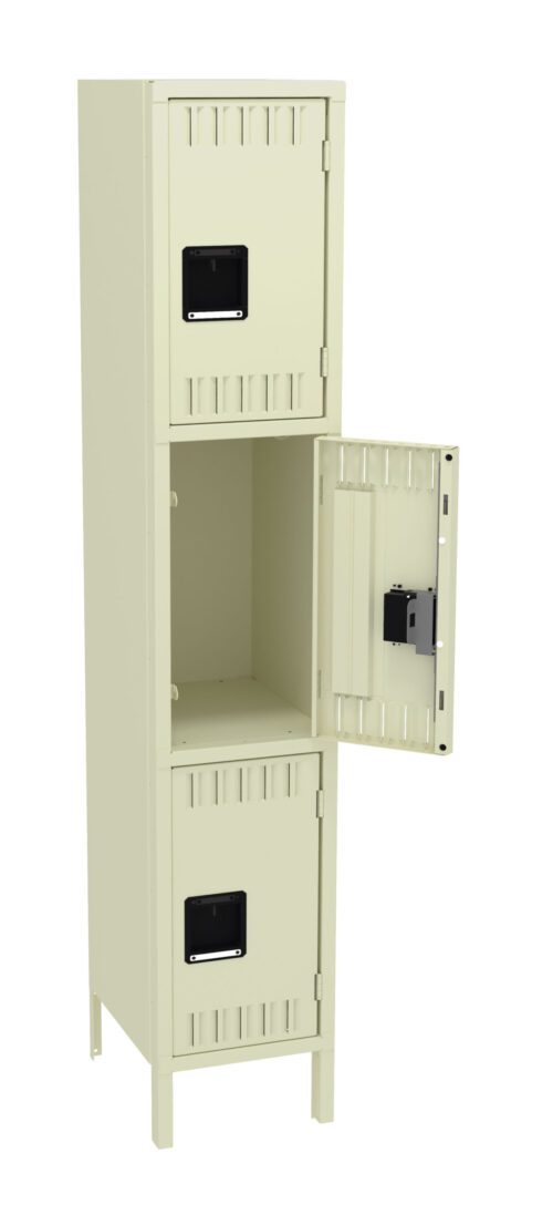eoystr4h7pf874uq91hi.jpg A beige metal locker with three compartments. The middle compartments door is open, showing an empty interior. Each compartment has a black handle and vent slats near the edges. The locker stands on four short legs.