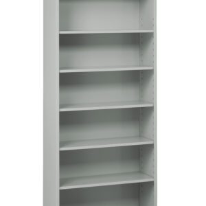 A tall gray metal bookshelf with five adjustable shelves against a white background. The shelves are empty, with evenly spaced slots on the side panels for adjusting the shelf heights.