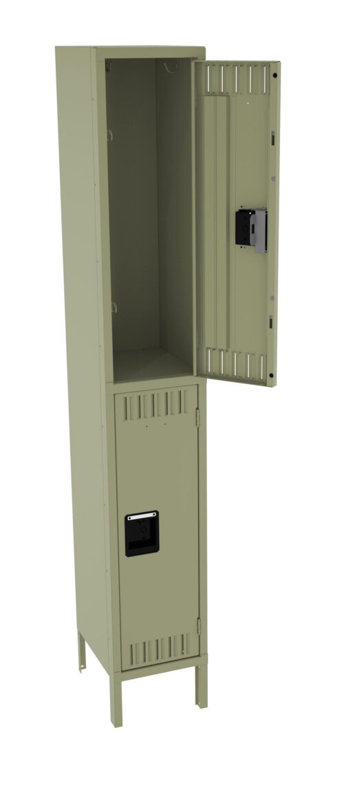 eqpenr1wrxicforwry5f.jpg A tall, light green metal locker with two compartments: the top door is open, revealing an empty interior, and the bottom door is closed. Both doors have ventilation slits and black handles. The locker stands on four legs.