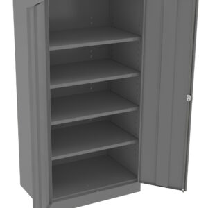 A gray metal storage cabinet with two open doors, revealing five empty shelves inside. The cabinet stands on a flat surface and is designed for organizing tools or equipment.