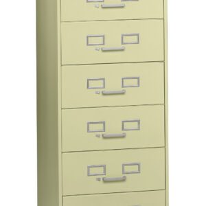 A tall, light green metal filing cabinet with six drawers. Each drawer features a handle and a label holder. The cabinet has a lock at the top right corner. It stands on a plain white background.