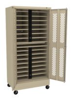 A beige metal cabinet on wheels with an open door showing multiple shelves inside. The cabinet features perforated metal on the interior side of the door and black vertical racks in the center.