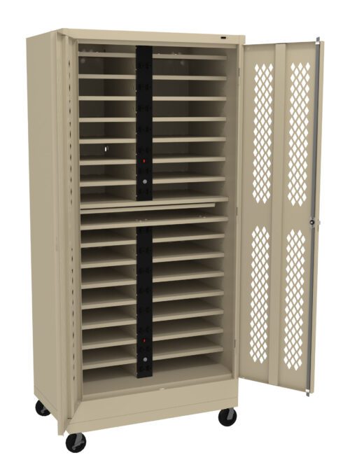 A beige metal cabinet on wheels with an open door showing multiple shelves inside. The cabinet features perforated metal on the interior side of the door and black vertical racks in the center.