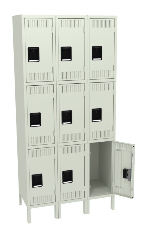 A beige metal locker with nine compartments arranged in a 3x3 grid. The locker doors have black rectangular handles. One door in the bottom row is open, revealing an empty interior.