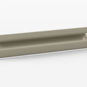 A simple, rectangular, light gray plastic shelf with four circular pegs on the corners, designed to be mounted on a wall. The shelfs surface is flat and appears to be minimalistic in style. The background is plain white.