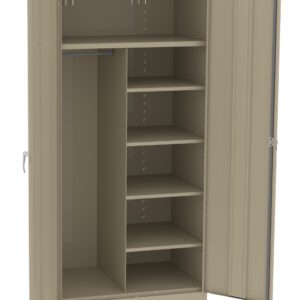 Open beige metal storage cabinet with two doors. Inside, it features multiple adjustable shelves on the right and a vertical space on the left with a rod for hanging items. The design is simple and industrial.