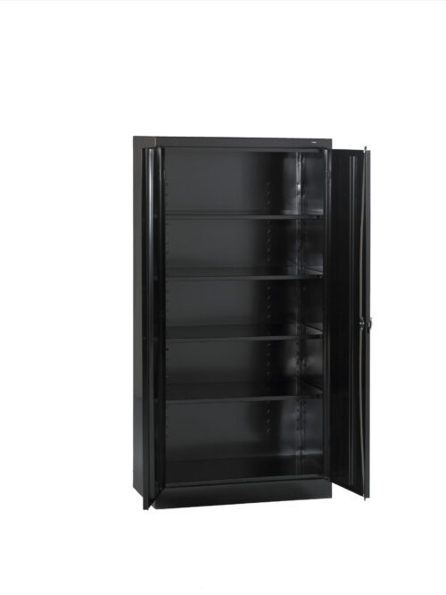 Open black metal cabinet with two doors, featuring five adjustable shelves inside. The cabinet is empty and set against a plain white background.