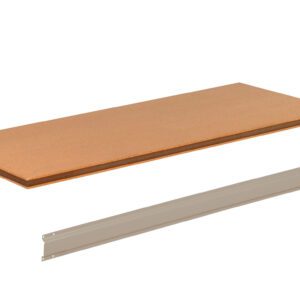 A tan rectangular wood shelf and a separate long metal bracket are displayed on a white background.