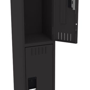 A tall, black metal locker with two vertically stacked compartments. The upper compartment door is open, revealing the empty interior. The lower compartment door is closed. Both doors have vents and the upper door has a lock.