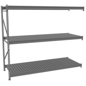 A gray, three-tier metal shelving unit with horizontal slats and an open frame. The shelves are evenly spaced and supported by vertical beams on the left side. The structure is minimalistic and industrial in design.