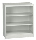 A white metal bookshelf with three open shelves. The shelves are evenly spaced and the unit has a minimalist design, suitable for storing books or decorative items. The background is plain.