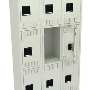 A set of gray metal lockers with a grid layout of three rows and three columns. Each locker has a black handle, and one locker in the middle row is open, revealing an empty interior.