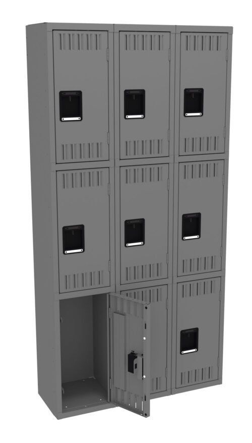 A gray metal storage locker unit with nine compartments arranged in a 3x3 grid. The bottom right compartment has its door open, revealing an empty interior. Each door features ventilation slots and a rectangular handle.