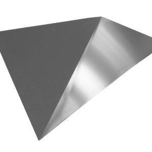 A gray, flat triangular object with a shiny, reflective surface on one side, resembling a folded piece of metal or paper, isolated on a white background.