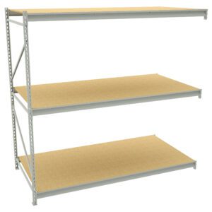 A metal-framed shelving unit with three wooden shelves. The shelves are evenly spaced and supported by vertical metal beams with holes for adjustable shelving. The unit is empty, set against a plain white background.