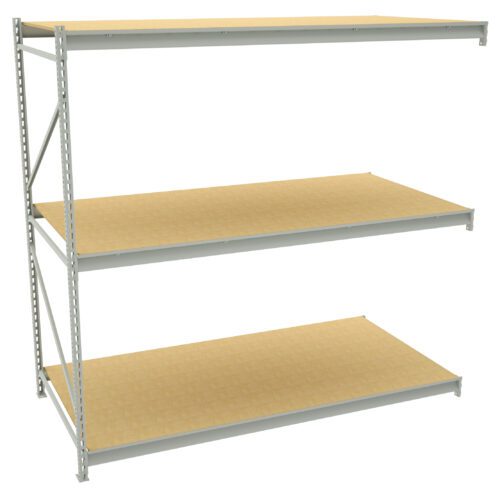 f0d0ddy26whd75njwmg0.jpg A metal-framed shelving unit with three wooden shelves. The shelves are evenly spaced and supported by vertical metal beams with holes for adjustable shelving. The unit is empty, set against a plain white background.