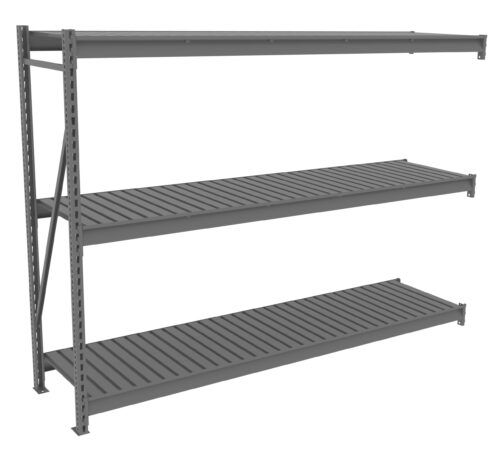 f0txxmxwjw7z67ftmzzg.jpg A gray metal shelving unit with three evenly spaced horizontal shelves. The structure is supported on the left side by vertical beams with perforated holes for adjustable shelving. The design is industrial and utilitarian.