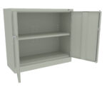 Open metal storage cabinet with two shelves and two doors, one of which is fully open. The cabinet is light gray and unfurnished inside.