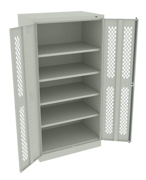 A metal storage cabinet with open doors, displaying five adjustable shelves. The doors feature a lattice design for ventilation and have a lock mechanism on the right side. The cabinet has a light gray finish.