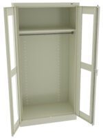 A beige metal storage cabinet with two open doors, revealing one shelf inside. The interior sides have multiple evenly spaced adjustment holes for shelving. The cabinet appears empty and stands on a flat surface.