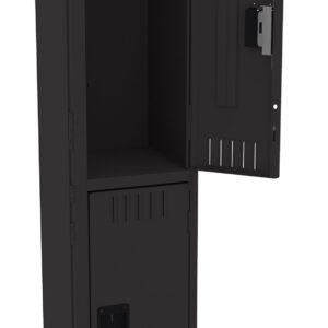 A black metal locker with two compartments, one above the other. The top door is open, revealing the empty space inside, while the bottom door is closed. Both compartments feature a vented design and handle.