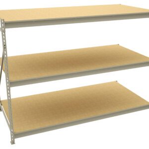 Warehouse-style shelving unit with three large, empty beige shelves. The frame is metallic with support bars on the sides. The shelves appear sturdy and spacious, suitable for heavy-duty storage.