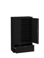 Black metal storage cabinet with two open doors and a drawer. Inside are three shelves, providing ample space for storage. The drawer and cabinet doors each have a lock mechanism. The background is plain white.