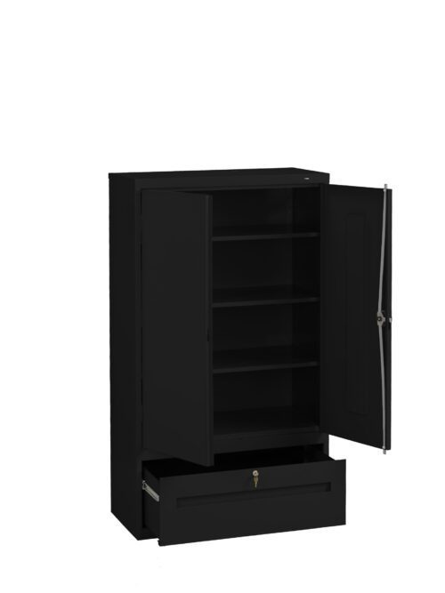Black metal storage cabinet with two open doors and a drawer. Inside are three shelves, providing ample space for storage. The drawer and cabinet doors each have a lock mechanism. The background is plain white.