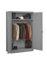 A gray metal wardrobe with open doors displaying several jackets and a hat on hangers. Below are boots and a green bag.