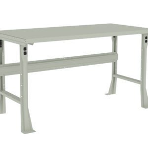 A light gray industrial workbench with a flat rectangular surface and sturdy legs. The bench has a support beam underneath for stability and appears to be made of metal. The design is simple and functional, suitable for various work environments.