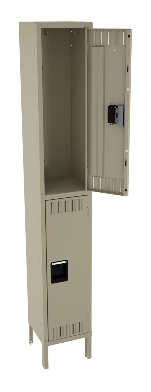 A beige metal locker standing upright with its upper door open, revealing an empty compartment inside. The lower door is closed. The locker has ventilation slits on both doors and a rectangular handle on each door.