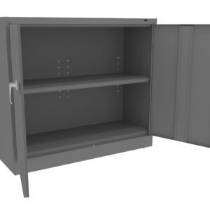 Gray metal storage cabinet with two open doors revealing an empty interior. It has one internal shelf and side handles. The exterior is plain and minimalist, with a smooth finish.