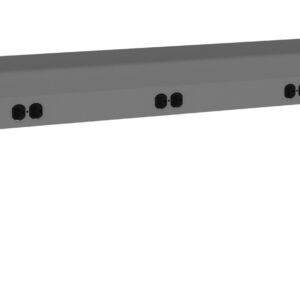 Gray metal power distribution unit with multiple outlets and a red switch, designed for mounting. It has a flat top and angled sides with various holes for installation. The design is simple and functional.