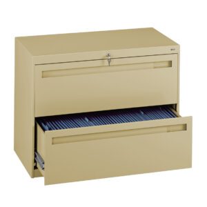 A beige metal file cabinet with two drawers. The top drawer is closed and locked, while the bottom drawer is open, revealing blue files inside.