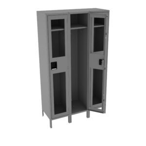 A grey metal locker with three vertical compartments, each with a transparent window. The middle compartment door is open, showing internal shelves and hooks. The locker has a simple, industrial design and stands on sturdy legs.