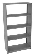 A plain gray metal bookshelf with five adjustable shelves, standing upright on a white background.