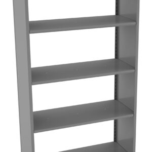 A plain gray metal bookshelf with five adjustable shelves, standing upright on a white background.