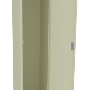 A beige metal locker with a single door open, revealing an empty interior. The locker has a top shelf, a hanging rod, and a hook inside. It stands on four legs.