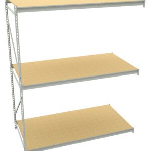 A three-tier industrial storage shelving unit with a metal frame and wooden shelves. The shelves are evenly spaced and the unit appears sturdy, suitable for organizing and storing various items in a warehouse or garage setting.