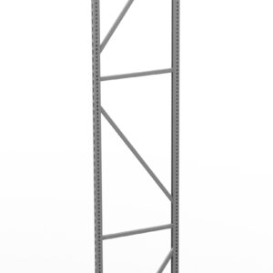 A tall, gray metal shelving frame with multiple horizontal and diagonal bars stands against a plain white background. The structure is minimalist and industrial in design, suitable for use in warehouses or storage areas.