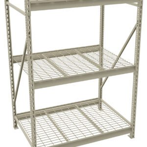 A metal storage rack with three wire mesh shelves. The frame is constructed from vertical and horizontal beams, designed for heavy-duty use. The shelves are evenly spaced, and the structure has a light gray finish.