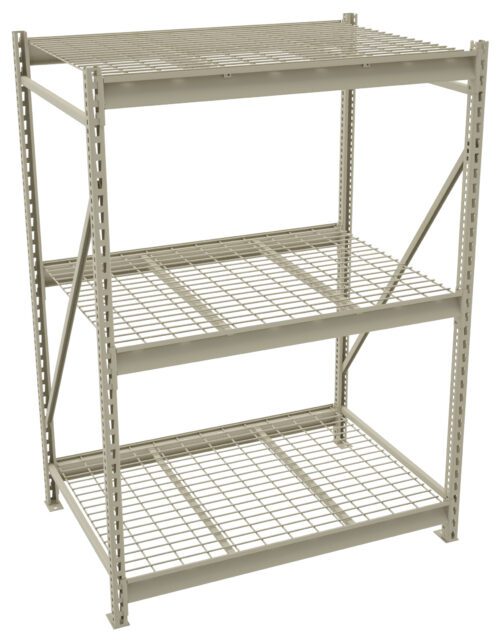 A metal storage rack with three wire mesh shelves. The frame is constructed from vertical and horizontal beams, designed for heavy-duty use. The shelves are evenly spaced, and the structure has a light gray finish.