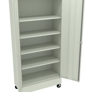 A tall, light-colored metal storage cabinet with caster wheels is shown. It has two open doors and five empty shelves inside.