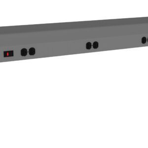 A long, gray metal power strip with multiple black outlets and a visible red power switch. The strip has mounting brackets at each end for attachment to a surface.