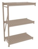A beige metal storage rack with three adjustable slatted shelves and a sturdy frame, designed for organizing and storing various items.