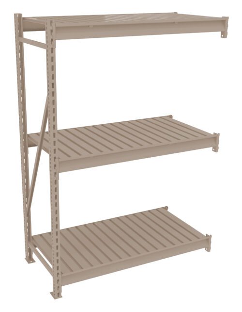 fi6u0uzpcbrlaljq37v5.jpg A beige metal storage rack with three adjustable slatted shelves and a sturdy frame, designed for organizing and storing various items.