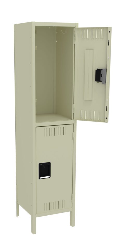 A beige metal locker with two compartments, the top door open, revealing an empty space inside. The bottom door is closed. Both doors have ventilation slits, and the locker stands on four legs.