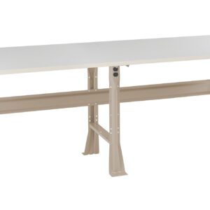 Rectangular workbench with a white tabletop and beige metal legs. The bench has a support beam beneath the tabletop, providing stability. The design is simple and functional, suitable for various workspaces.